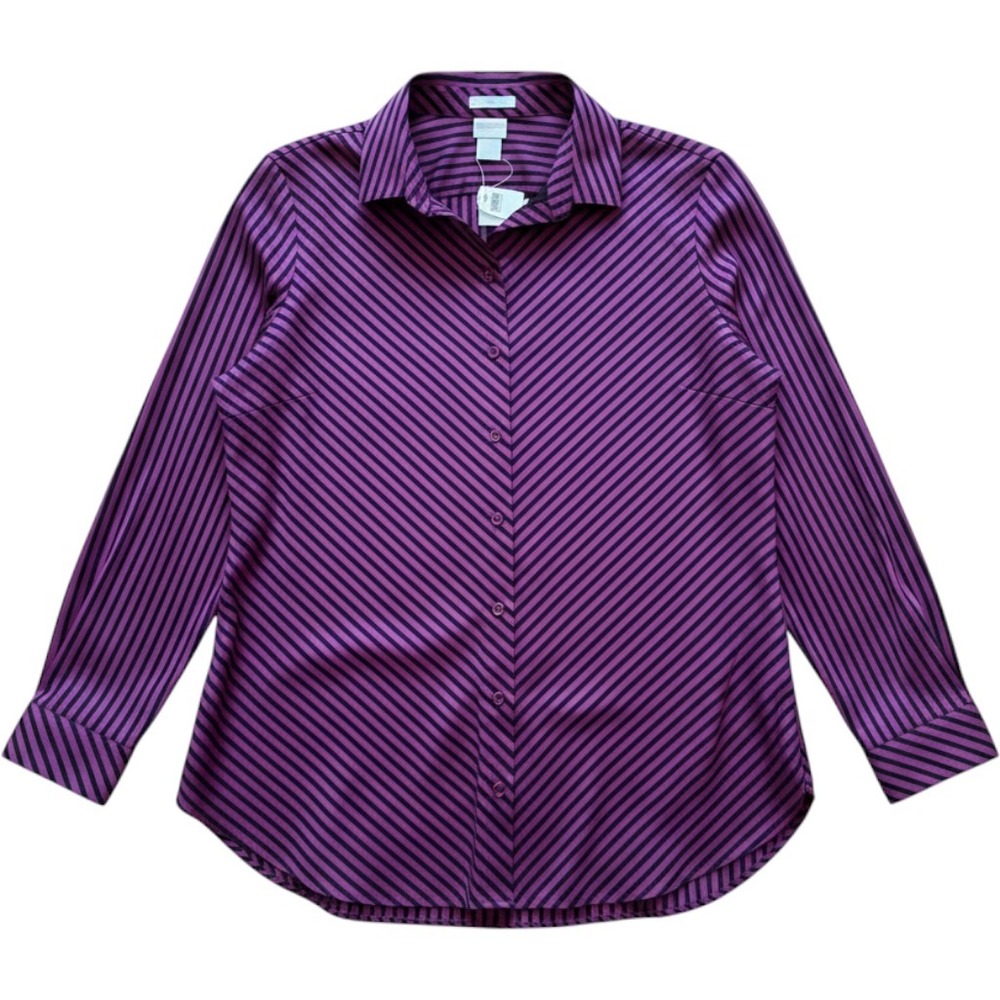 Chicos No Iron Chic Stretch Tunic Plum Berry Purple Stripe Button Down Shirt 2 L